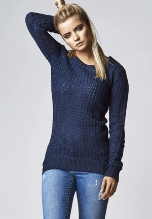 Women's sweater with a long wide neckline in a navy design