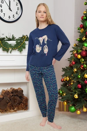 Trendyol Navy Blue 100% Cotton Christmas Themed Knitted Pajamas Set