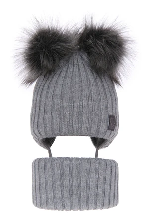 AGBO Girl's winter set: hat and tube scarf grey Telisa with two pompom