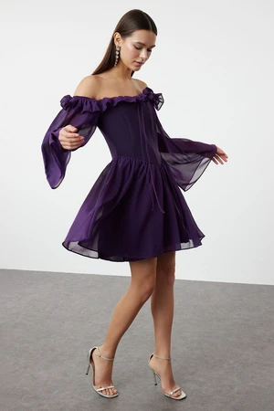 Trendyol Purple A-Line Lined Flounce Woven Chiffon Short Elegant Evening Dress