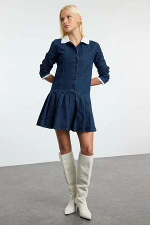 Trendyol Dark Blue Pleated Denim Dress