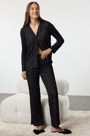 Trendyol Black Star Patterned Ribbed Knitted Pajama Set