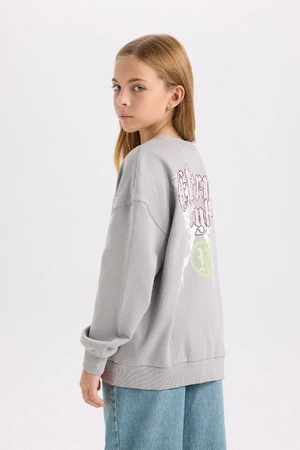 DEFACTO Girl Gray Oversize Wide Pattern Crew Neck Back Printed Sweatshirt