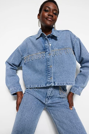 Trendyol modrá crop džínsová bunda s detailom príslušenstva