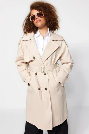 Trendyol Curve Beige Waist Belted Gabardine Trench Coat