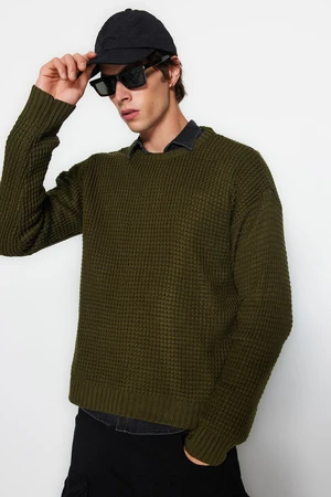 Trendyol Khaki Men's Oversize Fit Wide fit Crew neck Textured Basic Knitwear Sweater