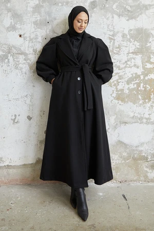 InStyle Diana Balloon Sleeve Belted Cashmere Coat - Black