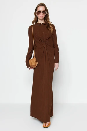 Trendyol Brown Woven Dress with a Knot and Zipper Detail in the Front