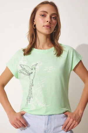 Happiness İstanbul Women's Light Green Printed Cotton T-Shirt