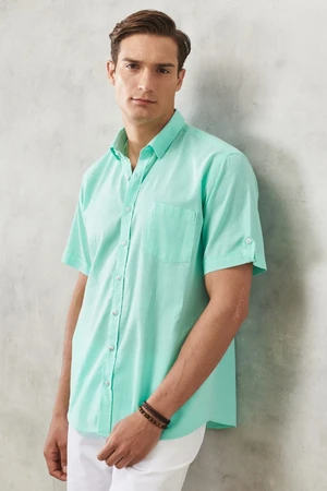 AC&Co / Altınyıldız Classics Men's Mint Comfort Fit Button-down Collar Linen Look 100% Cotton Flamed Short Sleeve Shirt.