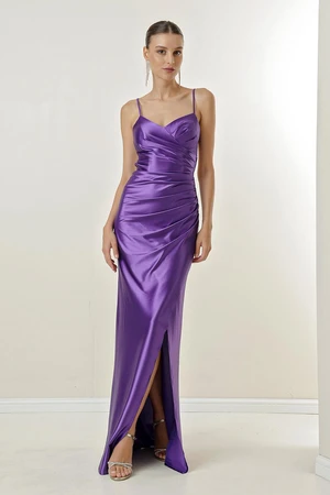 By Saygı Long Lined Satin Dress with Rope Straps and Ties at the Back.