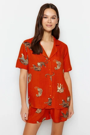 Trendyol Tile Animal Pattern Viscose Shirt-Shorts Weave Pajamas Set