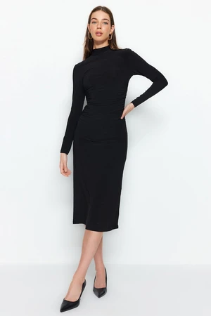 Trendyol Black Draped Detail High Neck A-Line Stretch Midi kötött ruha