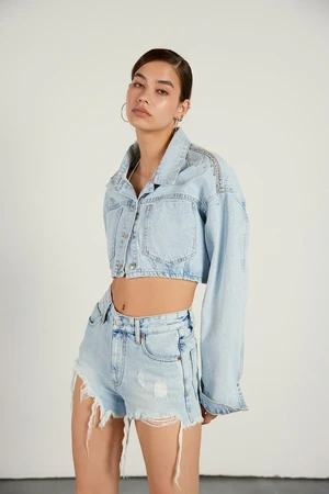 VATKALI Stone Detailed Crop Denim Jacket