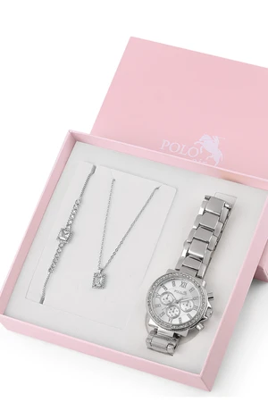 Polo Air Women's Wristwatch Zircon Stone Baguette Necklace Bracelet Special Combination Set Silver Color