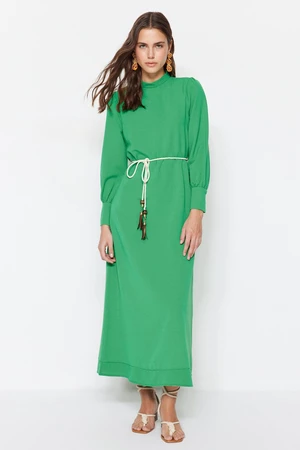 Trendyol Green Linen-Look Woven Dress with a Belt Detail and Wide Cuffs