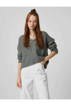 Koton V-Neck Sweater Long Sleeves Openwork Knitting