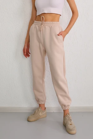 BİKELİFE Beige High Waist Lycra Jogger Sweatpants