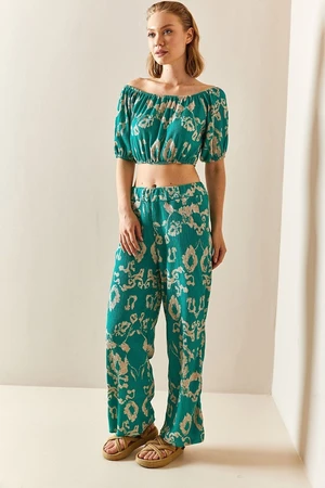 XHAN Green Patterned & Textured Crop Double Suit