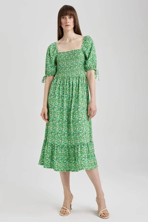 DEFACTO Square Neck Floral Balloon Sleeve Midi Short Sleeve Dress