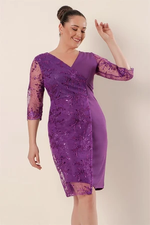 By Saygı Plus Size Evening Dress with Lace One Side Sleeves Purple