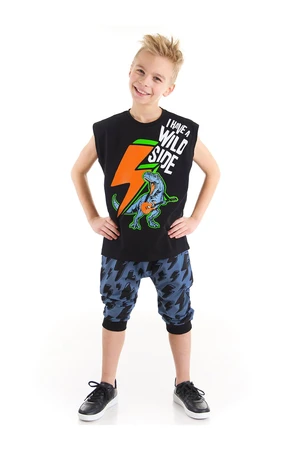 Mushi Lightning Dino Boys Children's Cotton Combed Combed Black T-shirt with Blue Capri Shorts Set.