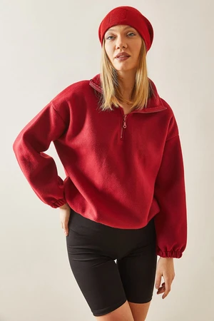 XHAN Claret Red Zippered High Collar Fleece Sweatshirt