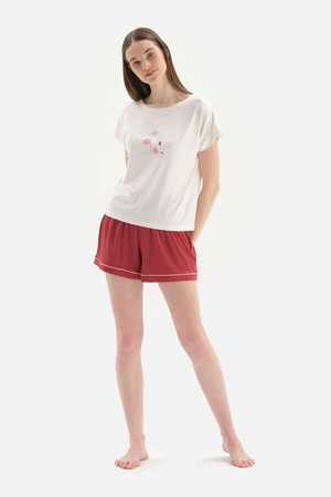 Dagi White Short Sleeves, Printed on the Front and Knitted Pajamas with Shorts