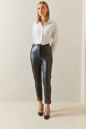 XHAN Black Leather Look Trousers with Slit Legs