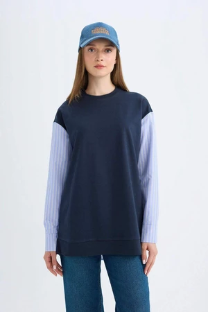 DEFACTO Navy Blue Regular Fit Long Sleeve Basic Plain Sweatshirt Tunic