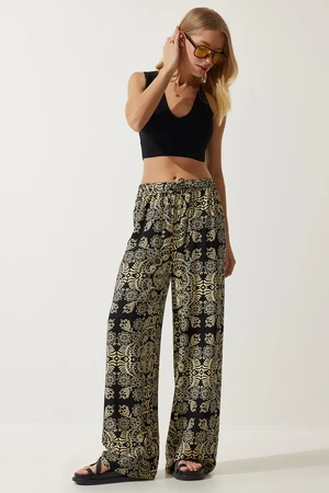 Happiness İstanbul Women's Black Beige Patterned Raw Linen Palazzo Trousers