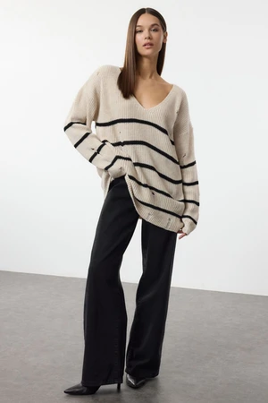 Trendyol Beige Striped Openwork Knitted Sweater