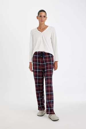 DEFACTO Fall In Love Pajama Set V Neck Long Sleeve Basic Plain Top Plaid Elastic Waist Bottom