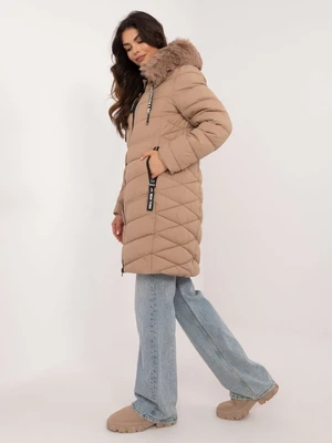 Beige long winter jacket with hood