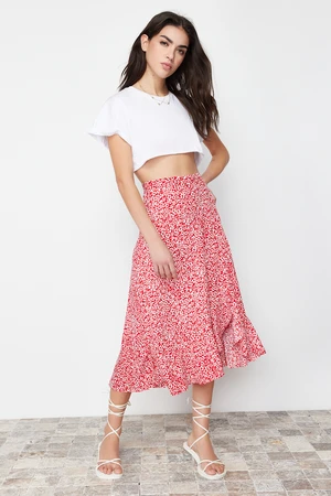 Trendyol Red Printed High Waist Flexible Skirt with Gather Detail and Flounce