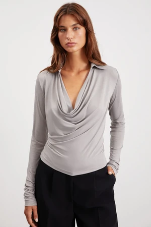 GRIMELANGE Aurora Women's Degassing Shirt Collar Flowy Sandy Fabric Gray Blous