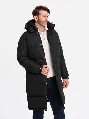 Ombre Men's quilted long jacket with detachable hood - black