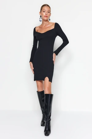 Trendyol Black Corduroy Sweetheart Neck Fitted Long Sleeves Stretchy Mini Knit Dress