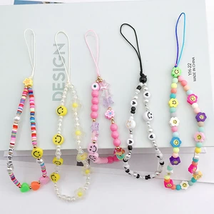 Fashion Charm Pearl Clay Beaded Mobile Phone Chain Acrylic Cartoon Phone Jewelry Women Girls Anti Lost Telephone Lanyard Hanging