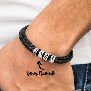 Personalized Mens Braided Genuine Leather Bracelet Stainless Steel Custom Beads Name Charm Bracelet for Men with Family Names