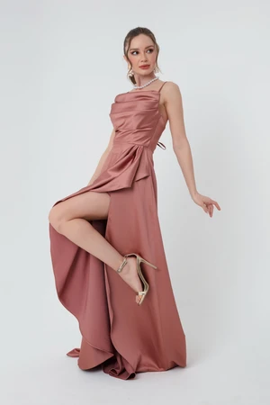 Lafaba Women's Salmon Evening Wear & Prom Dress with a slit in Satin.