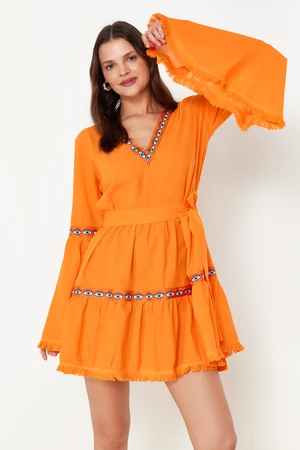 Trendyol Orange Belted Mini Woven Flounce Beach Dress