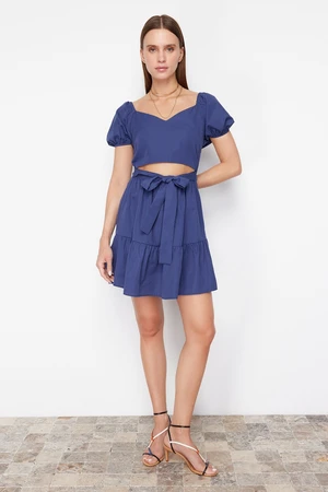 Trendyol Navy Blue Skater/Waist Opening/Cut Out Detailed Checkered Super Mini Woven Dress