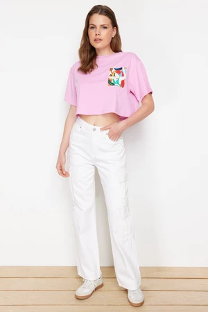 Trendyol Pink 100% Cotton Printed Relaxed/Wide Relaxed Cut Crop Knitted T-Shirt
