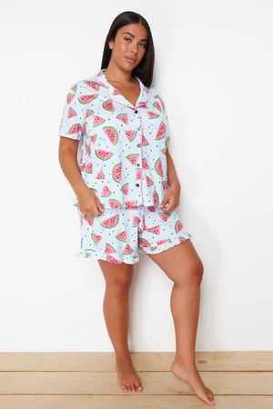 Trendyol Curve Light Blue Watermelon Patterned Shirt Collar Knitted Pajama Set