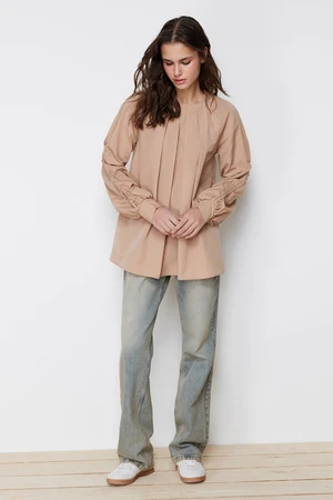 Trendyol Beige Sleeves Gather Detailed Cotton Woven Tunic