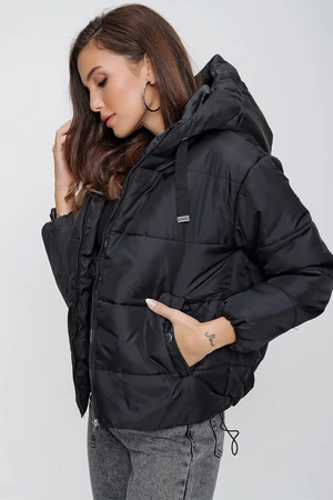 By Saygı Women's Black Inflatable Coat with Elastic Waist, Pocket and Lined Hooded