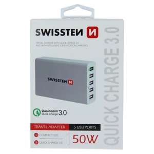 Gyorstöltés Swissten Smart IC 50W támogatással QuickCharge 3.0 és 5 USB konektorral, fehér