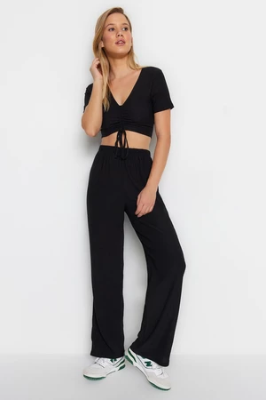 Trendyol Black Gathered Detailed Crepe Undershirt-Trousers Knitted Pajamas Set