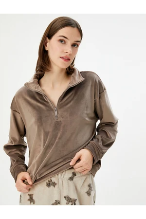 Koton Velvet Pajama Top Half Zipper Polo Neck